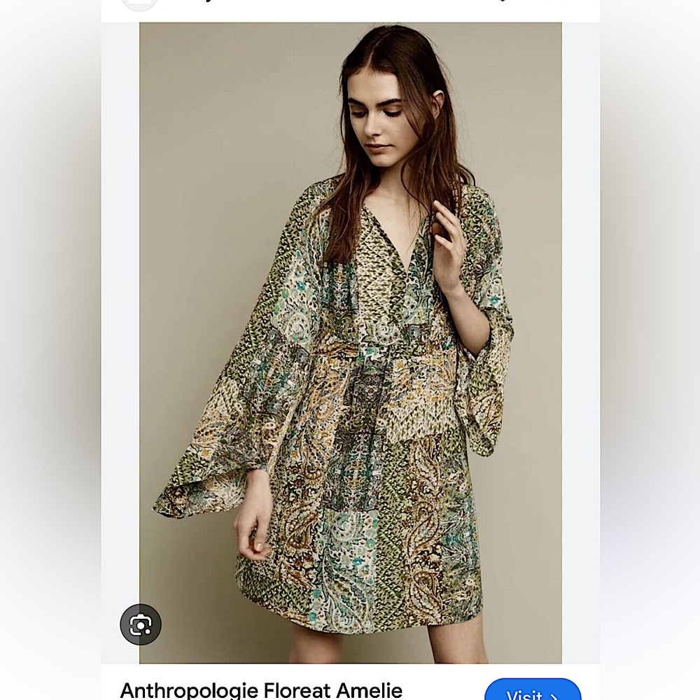 Anthropologie Floreat Amelie Paisley Silk Long Bell Sleeve Silk Dress
